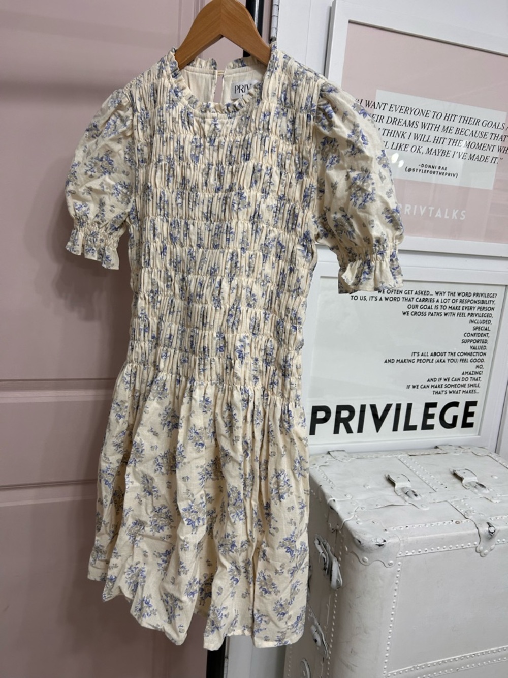 PRIV - Cream Dress with Blue Floral Smocking NWT